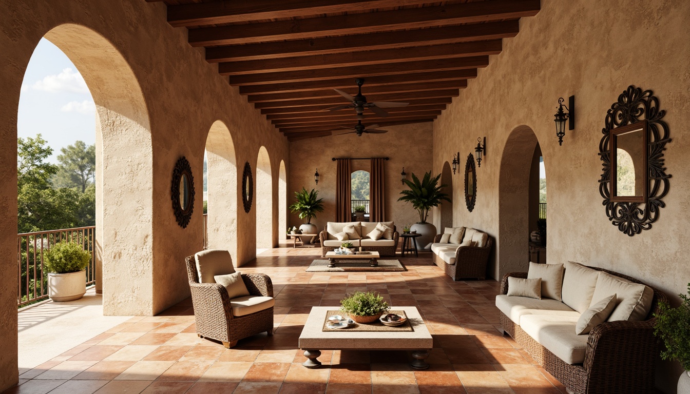 Prompt: Warm Mediterranean villa, natural stone walls, rustic terracotta flooring, earthy color palette, textured plaster finishes, decorative ceramic tiles, wooden beam ceilings, wrought iron details, ornate mirrors, lavish furnishings, soft warm lighting, shallow depth of field, 3/4 composition, realistic textures, ambient occlusion.