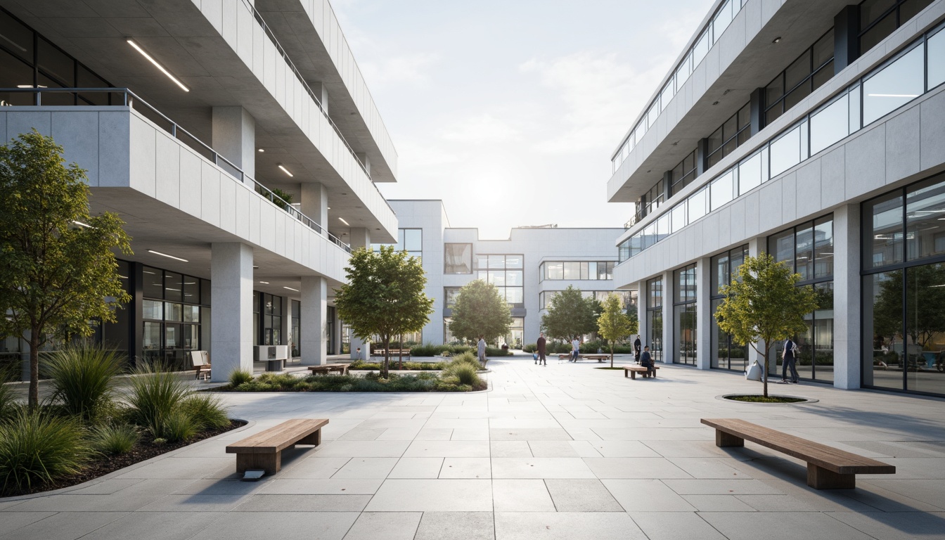 Prompt: Sleek high school building, minimalist architecture, clean lines, monochromatic color scheme, abundant natural light, spacious open areas, polished concrete floors, industrial-style lighting fixtures, simple wooden benches, greenery-filled planters, subtle textures, shallow depth of field, 3/4 composition, panoramic view, realistic ambient occlusion.