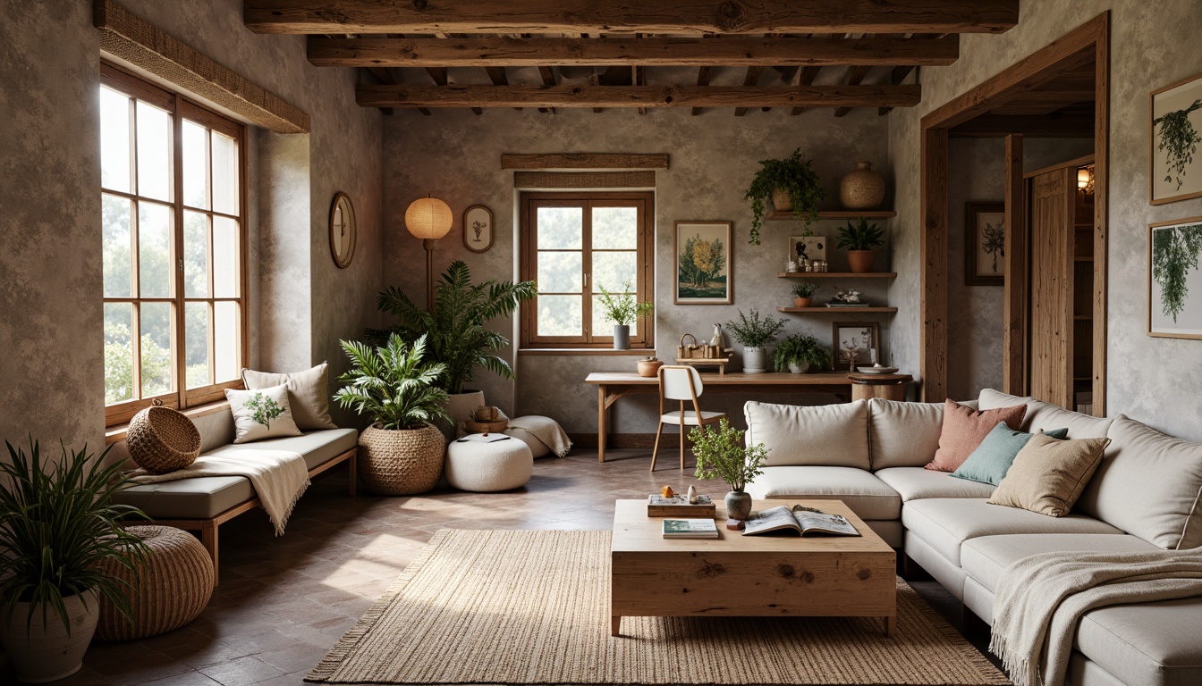 Prompt: Rustic farmhouse interior, vintage textiles, woven baskets, natural fabrics, earthy tones, plush throw blankets, distressed wood accents, exposed brick walls, cozy reading nooks, soft warm lighting, linen upholstery, botanical prints, woven rugs, organic shapes, artisanal craftsmanship, nature-inspired patterns, muted color palette, 1/1 composition, shallow depth of field, realistic textures.