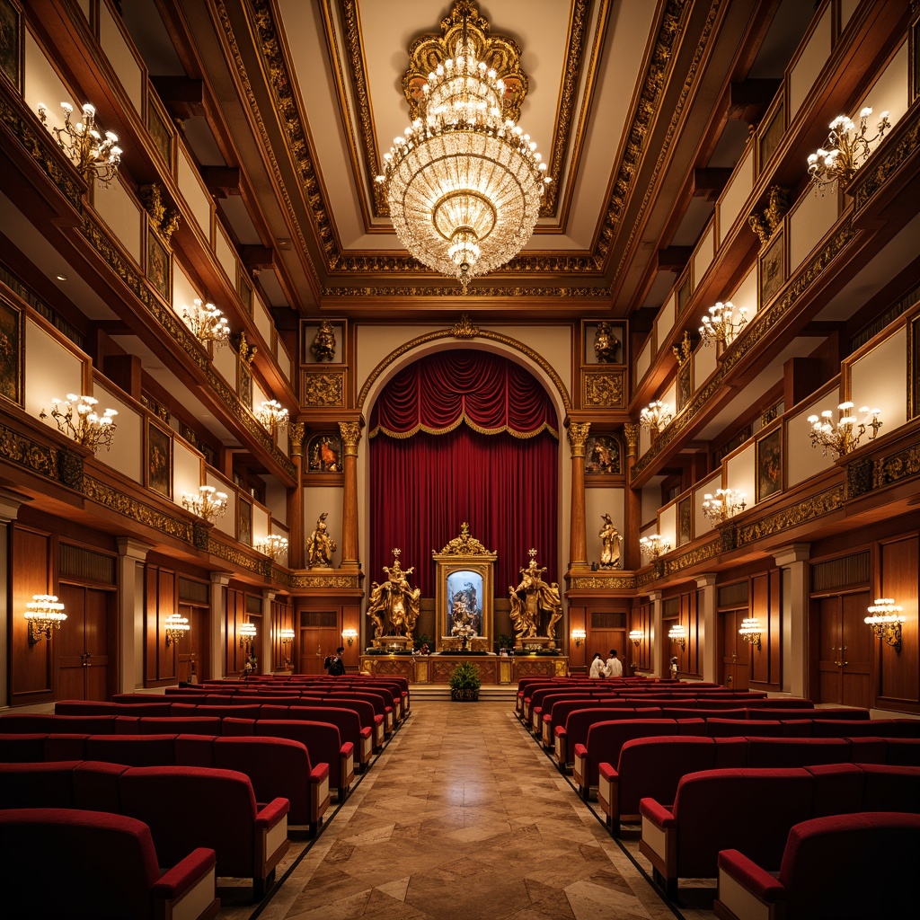 Prompt: Grand concert hall, ornate chandeliers, rich velvet curtains, gilded accents, intricate moldings, marble floors, columned architecture, stately balconies, crimson red seats, polished wood paneling, neoclassical furnishings, luxurious textiles, crystal sconces, subtle warm lighting, shallow depth of field, 2/3 composition, symmetrical layout, opulent details, realistic reflections, ambient occlusion.