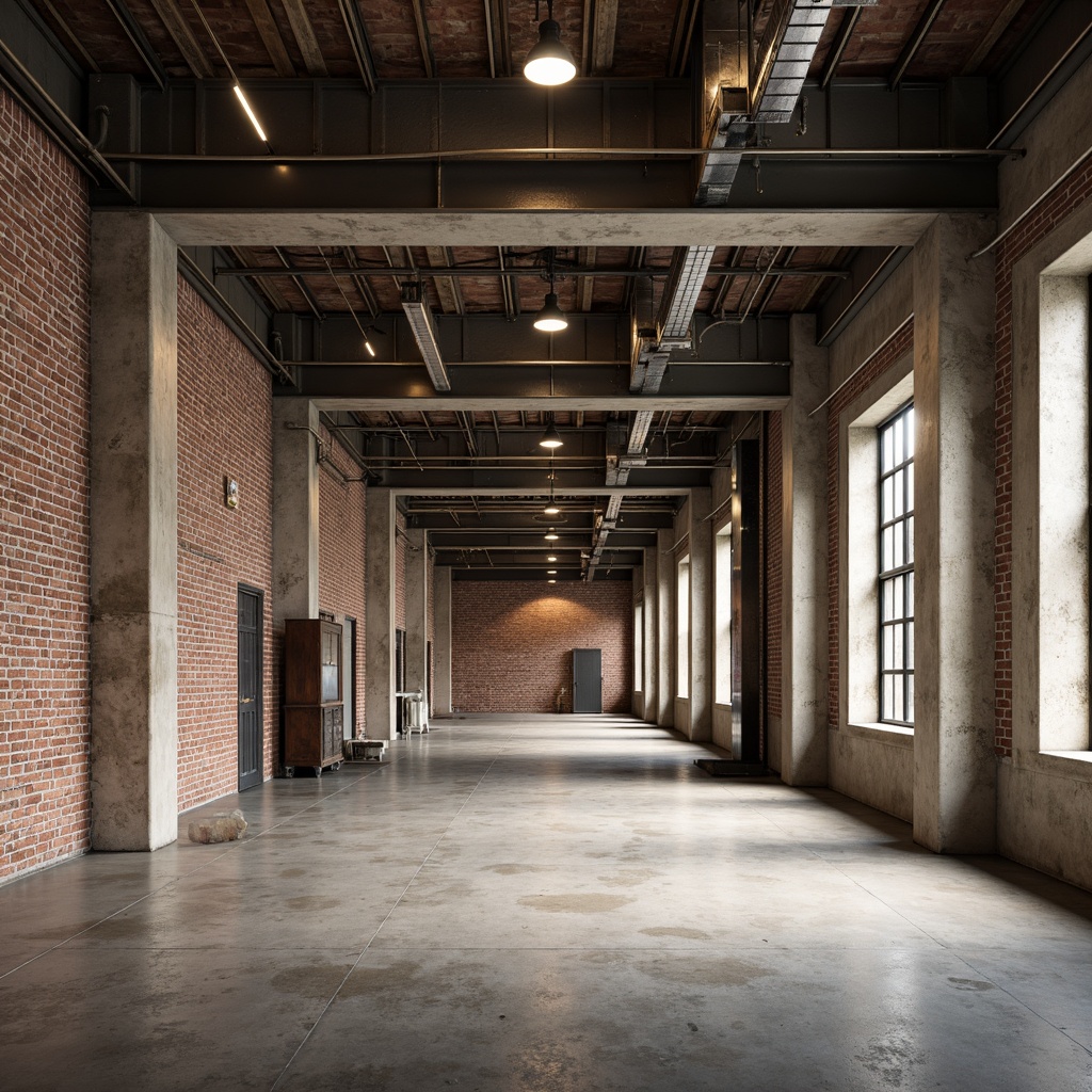 Prompt: Industrial warehouse, exposed brick walls, metal beams, polished concrete floors, functional lighting, neutral color scheme, earthy tones, warm beige, industrial blue, metallic silver, rich wood accents, urban loft atmosphere, natural textures, raw materials, minimalist decor, high ceiling, open space, dramatic shadows, soft ambient lighting, 3/4 composition, realistic renderings.