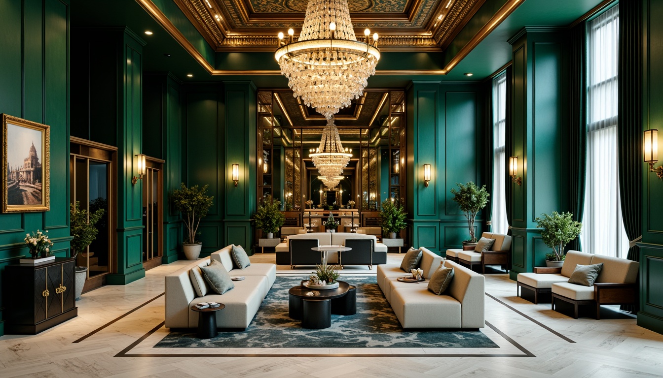 Prompt: Luxurious Art Deco interior, rich jewel-toned colors, emerald green walls, navy blue accents, metallic gold fixtures, creamy white marble floors, ornate geometric patterns, glamorous chandeliers, velvet drapes, sophisticated furniture designs, luxurious fabrics, opulent textures, soft warm lighting, high contrast ratio, 1/1 composition, intimate atmosphere, vintage glamour aesthetic.