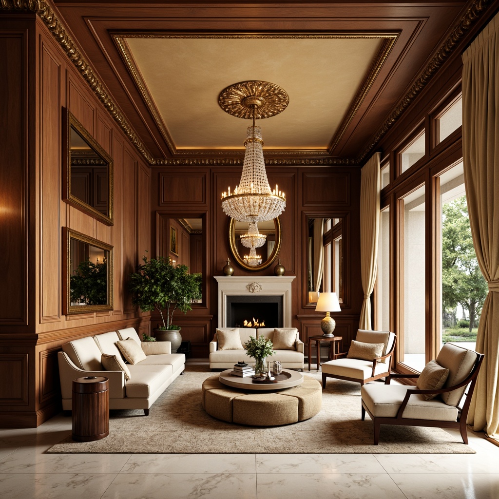 Prompt: Elegant family room, rich wood paneling, ornate mirrors, lavish chandeliers, velvet drapes, intricate moldings, neoclassical furniture, luxurious fabrics, subtle gold accents, warm beige walls, creamy marble floors, stately columns, refined lines, classic proportions, sophisticated ambiance, soft box lighting, 1/1 composition, shallow depth of field, realistic textures, ambient occlusion.