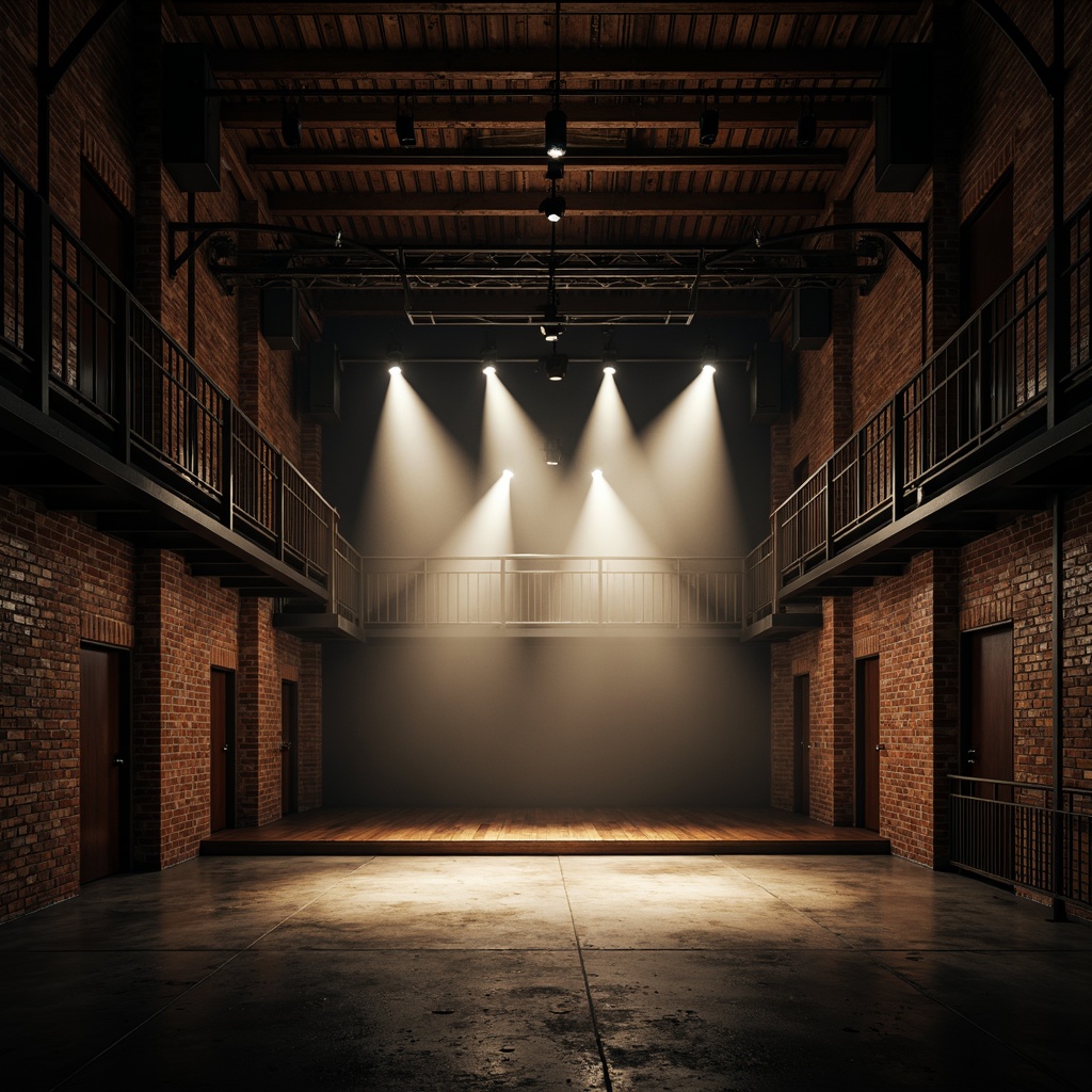 Prompt: Exposed brick walls, industrial steel beams, metal catwalks, dramatic stage lighting, spotlights, floodlights, LED strips, strobe lights, fog machines, dimmable fixtures, high ceilings, concrete floors, metallic textures, urban atmosphere, dark mysterious mood, contrasty shadows, warm color temperatures, 1/2 composition, low-angle shot, realistic renderings, ambient occlusion.