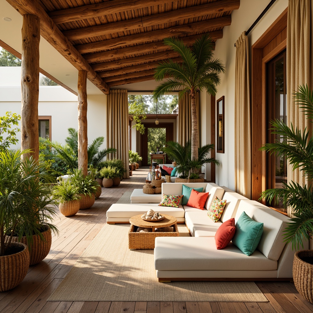 Prompt: Vibrant tropical interior, warm beige walls, rich wood accents, lush green foliage, exotic flower patterns, natural woven fibers, soft golden lighting, creamy white furniture, bold coral hues, soothing turquoise shades, iridescent shell decorations, refreshing mint tones, earthy terracotta pots, organic textures, layered curtains, airy open spaces, natural ventilation, 1/2 composition, warm atmospheric perspective, realistic reflections.