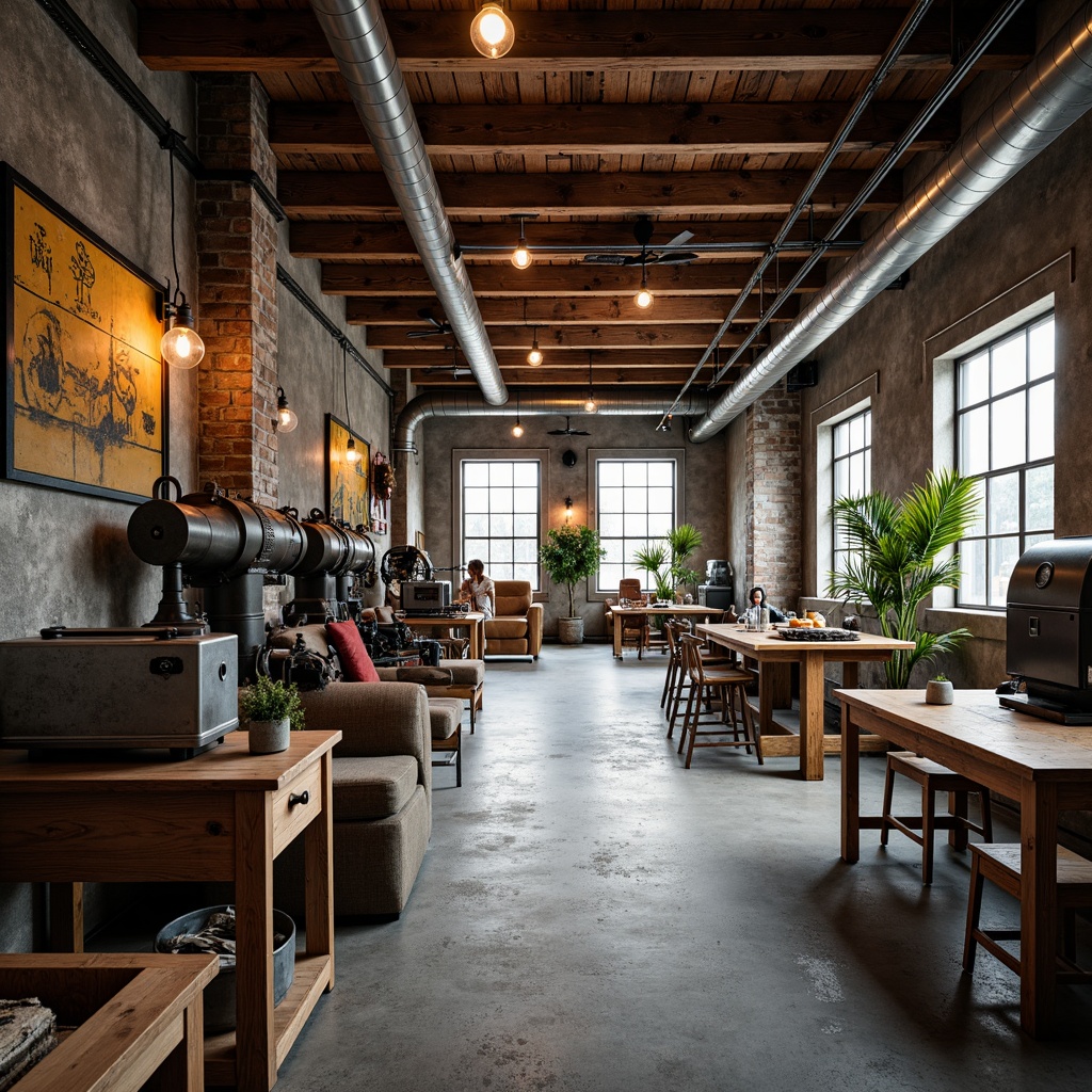 Prompt: Rustic factory interior, exposed beams, distressed wooden planks, industrial metal pipes, vintage machinery, concrete flooring, urban loft atmosphere, natural light pouring in, large windows, metallic accents, reclaimed wood furniture, Edison bulb lighting, warm earthy tones, shallow depth of field, 1/2 composition, high-angle shot, gritty textures, ambient occlusion.