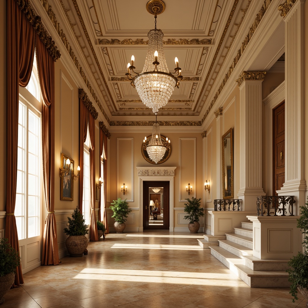 Prompt: Elegant gallery interior, classical architectural details, ornate moldings, grand chandeliers, soft warm lighting, subtle shadows, cream-colored walls, rich wood tones, luxurious fabrics, velvet drapes, gilded frames, majestic columns, high ceilings, dramatic staircases, warm beige marble floors, ornamental mirrors, refined crystal fixtures, ambient luminosity, 1/1 composition, shallow depth of field, realistic textures, softbox lighting.