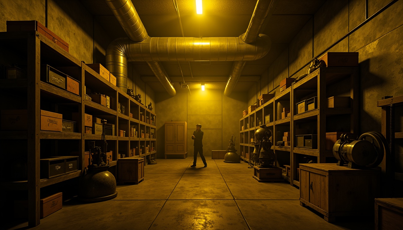 Prompt: \Dramatic storage room, dimly lit atmosphere, warm yellow lighting, mysterious shadows, distressed concrete walls, exposed ductwork, industrial metal shelving, vintage machinery, rustic wooden crates, eerie ambiance, high contrast ratio, strong directional light sources, cinematic mood, 1/1 composition, low-key lighting, ominous tone, realistic textures, ambient occlusion.\