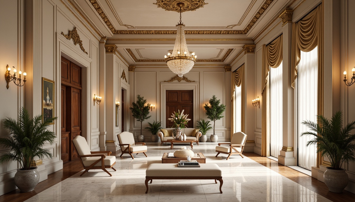 Prompt: Elegant neoclassical interior, ornate moldings, refined cornices, intricate ceiling details, luxurious furnishings, velvet drapes, gilded frames, marble flooring, polished wood accents, crystal chandeliers, subtle lighting, warm beige tones, soft shadows, 1/2 composition, harmonious symmetry, realistic textures, ambient occlusion.