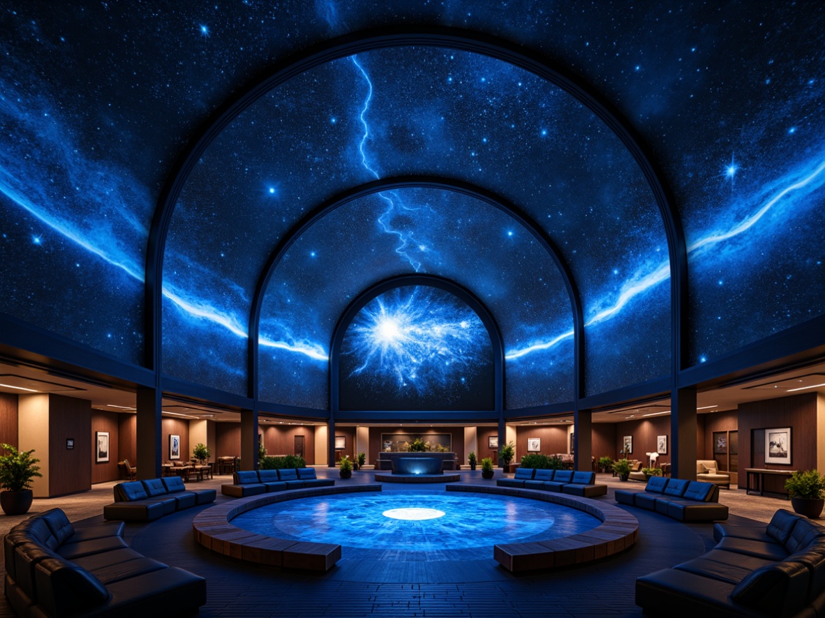 Prompt: Cosmic planetarium interior, celestial bodies projections, starry night sky, dark blue ambiance, transitional style ceiling design, rounded arches, curved lines, soft warm lighting, subtle color transitions, gradient effects, nebula-inspired patterns, metallic accents, glass mosaic tiles, textured finishes, ambient soundscapes, 3/4 composition, shallow depth of field, panoramic view, realistic textures, ambient occlusion.