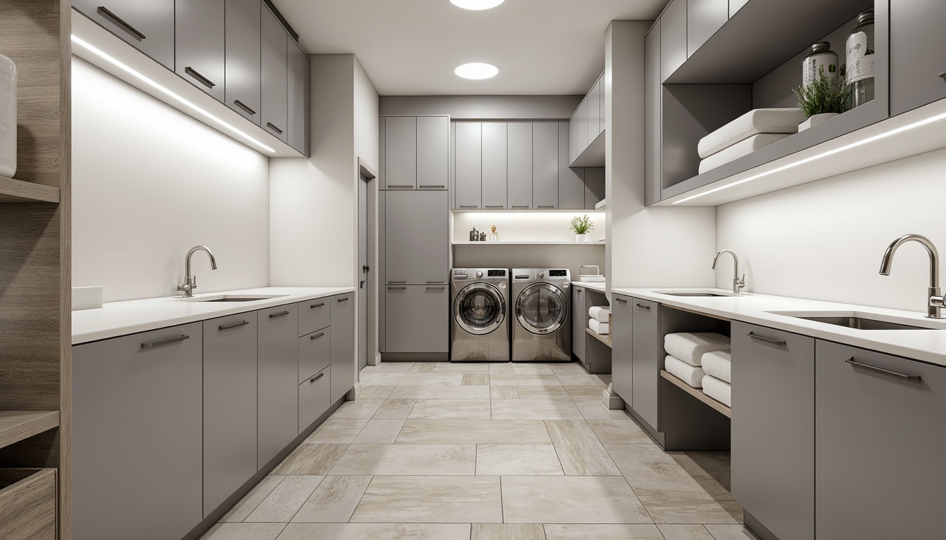 Prompt: Utilitarian laundry room, sleek countertops, durable quartz surfaces, stainless steel appliances, modern minimalist cabinets, bright white LED lighting, clean lines, functional design, spacious work areas, ample storage solutions, built-in ironing boards, fold-down drying racks, contemporary faucet fixtures, chrome hardware accents, neutral color palette, natural stone flooring, subtle texture contrasts, shallow depth of field, 1/1 composition, realistic reflections.