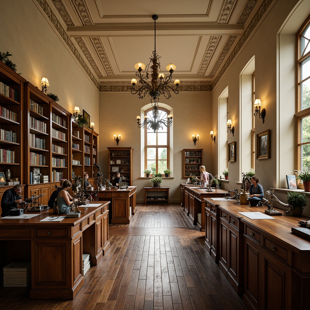 Prompt: Elegant laboratory interior, traditional classicism style, wooden workbenches, antique microscopes, vintage scientific instruments, cream-colored walls, high ceilings, ornate chandeliers, rich wood paneling, leather-bound books, intricate moldings, subtle warm lighting, shallow depth of field, 1/1 composition, symmetrical arrangement, realistic textures, ambient occlusion.