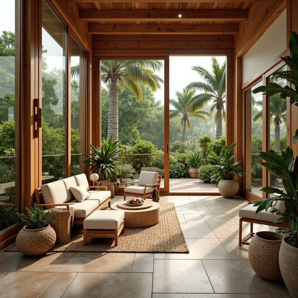 Prompt: Vibrant sunroom, large windows, sliding glass doors, natural stone floors, wooden accents, wicker furniture, rattan chairs, linen upholstery, jute rugs, potted plants, tropical greenery, warm earthy tones, organic textures, woven baskets, macram\u00e9 hangings, geometric patterns, minimalist decor, abundant natural light, soft warm ambiance, shallow depth of field, 1/1 composition, realistic materials, subtle reflections.