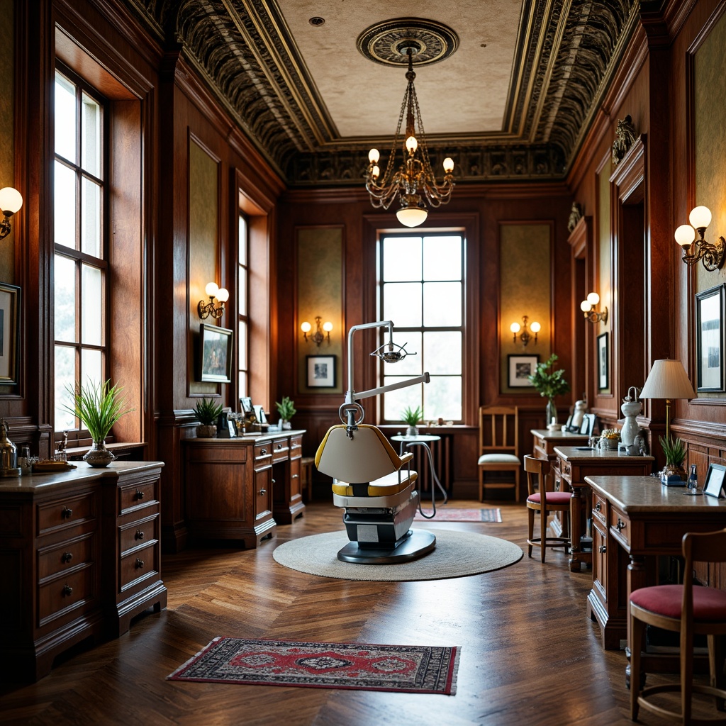 Prompt: Ornate dental clinic, rich wood paneling, intricately carved moldings, vintage medical equipment, distressed finishes, ornamental wallpaper, bold patterned rugs, antique furniture pieces, lavish chandeliers, soft warm lighting, shallow depth of field, 1/1 composition, realistic textures, ambient occlusion.