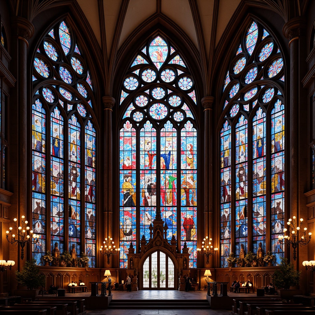 Prompt: Vibrant stained glass windows, kaleidoscopic color schemes, intricate geometric patterns, ornate metal frames, Gothic-inspired architecture, grand cathedral ceilings, majestic interior spaces, warm ambient lighting, soft diffused colors, 1/1 composition, symmetrical layout, rich textures, high-contrast rendering, dramatic shadows.