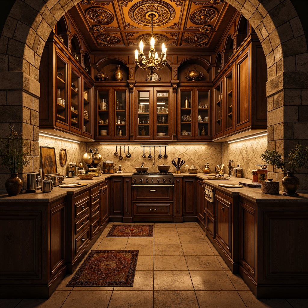 Prompt: Ornate pantry, Renaissance-inspired decor, warm golden lighting, rich wood tones, carved wooden cabinets, intricate metalwork, ornamental cornices, decorative arches, rustic stone walls, vintage kitchen utensils, distressed finishes, elegant chandeliers, soft candlelight, 1/1 composition, shallow depth of field, realistic textures, ambient occlusion.