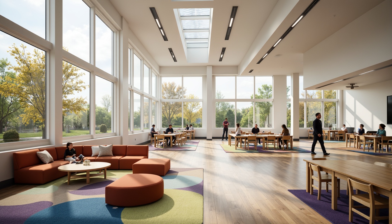 Prompt: Bright classrooms, abundant natural light, large windows, skylights, clerestory windows, high ceilings, airy atmosphere, modern educational furniture, collaborative learning spaces, colorful rugs, acoustic panels, minimalist decor, soft warm lighting, shallow depth of field, 3/4 composition, panoramic view, realistic textures, ambient occlusion.