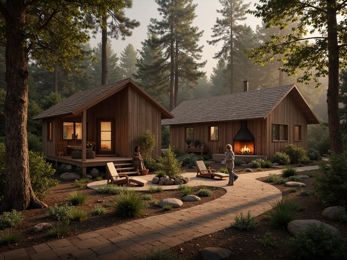 Prompt: Rustic wooden cabins, earthy tones, natural stone foundations, reclaimed wood accents, vintage metal decorations, cozy fireplaces, plush woven textiles, warm golden lighting, misty forest surroundings, dense foliage, winding dirt paths, old-growth trees, distressed finishes, earthy scents, 1/1 composition, shallow depth of field, realistic textures, ambient occlusion.