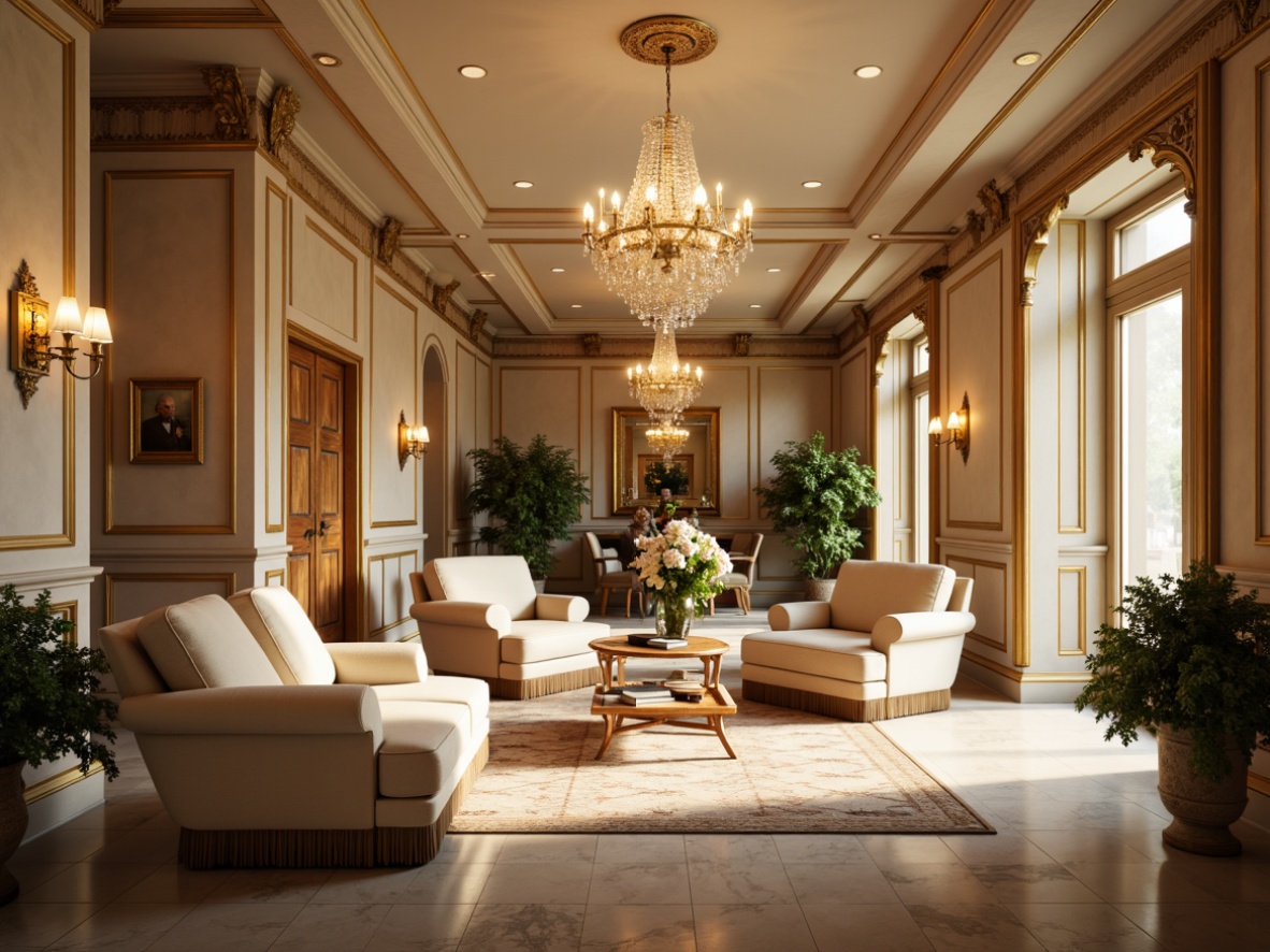 Prompt: Elegant interior, classicism style, warm beige walls, rich wood furnishings, ornate gold accents, soft cream upholstery, subtle velvet textures, majestic crystal chandeliers, intricate moldings, refined marble floors, subtle patterned rugs, warm golden lighting, shallow depth of field, 1/1 composition, realistic reflections, ambient occlusion.