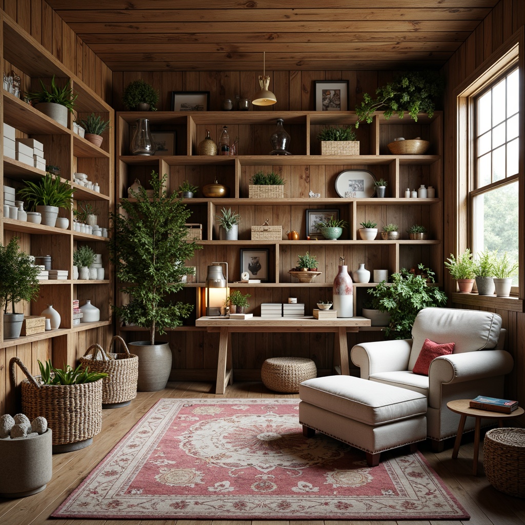 Prompt: Whimsical craft room, distressed wooden shelves, vintage decorative boxes, rustic metal lanterns, colorful woven baskets, plush area rug, comfortable oversized armchair, natural wood accent wall, soft warm lighting, shallow depth of field, 3/4 composition, panoramic view, realistic textures, ambient occlusion.