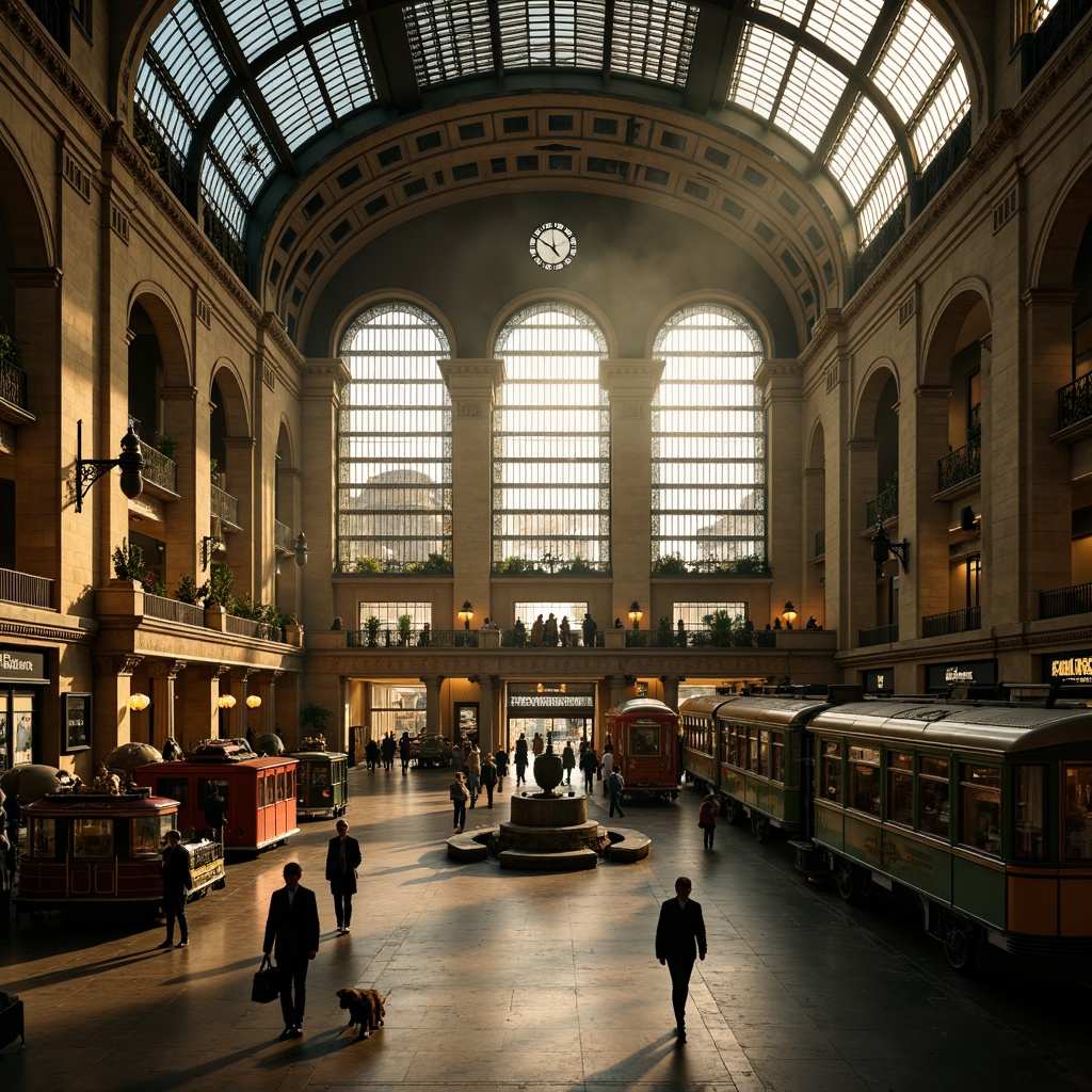 Prompt: Grandiose train station, ornate clock towers, majestic archways, intricate ironwork details, grand staircases, lavish chandeliers, richly patterned floors, dramatic vaulted ceilings, large glass roofs, warm golden lighting, atmospheric fog effects, cinematic camera angles, 1/2 composition, symmetrical framing, moody color palette, high-contrast shadows, ornate metal railings, vintage luggage carts, old-fashioned signage, nostalgic train carriages, bustling pedestrian activity, urban cityscape backdrop.