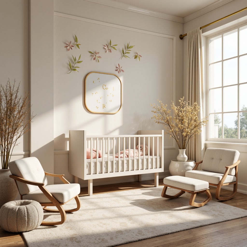 Prompt: Whimsical baby nursery, soft pastel colors, ornate furniture, flowing curves, botanical patterns, delicate florals, tender vines, gentle lighting, plush area rugs, comfortable gliders, creamy whites, warm beiges, subtle gold accents, elegant typography, organic shapes, sinuous lines, dreamy atmosphere, shallow depth of field, 1/1 composition, intimate warm lighting, realistic textures.