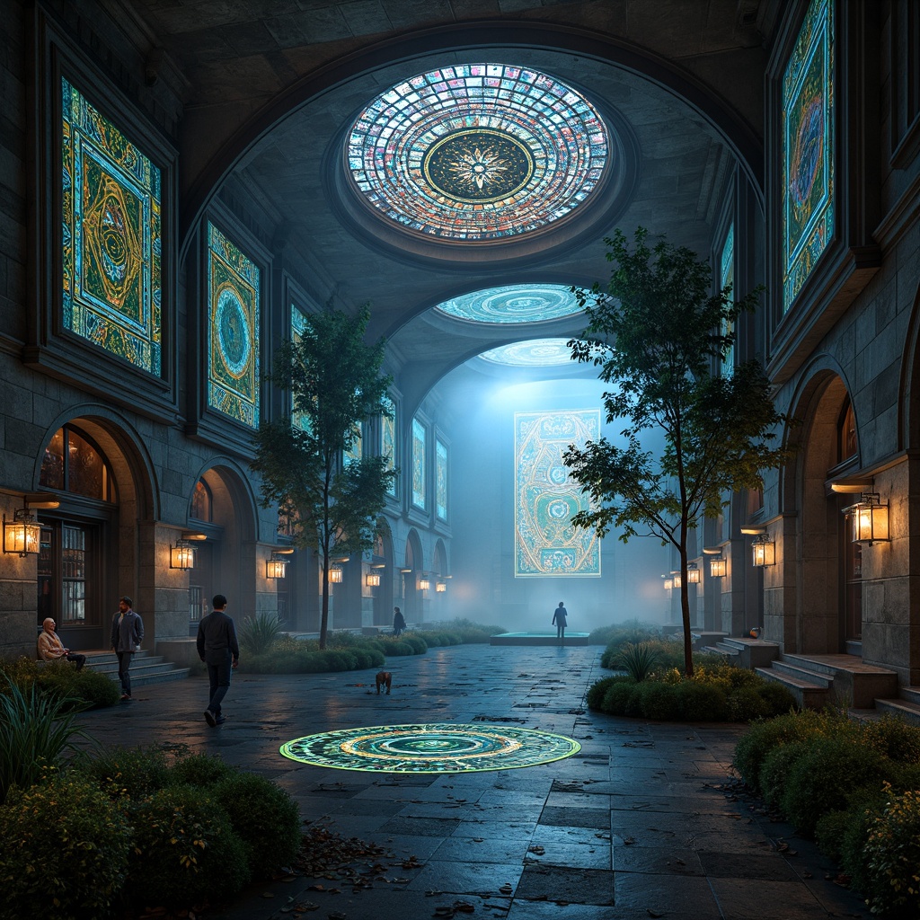 Prompt: Mysterious monastery, futuristic architecture, sacred geometry patterns, iridescent stained glass windows, metallic accents, luminescent murals, ethereal atmospheric lighting, foggy misty surroundings, ancient stone walls, moss-covered ruins, cyberpunk neon lights, holographic projections, ambient electronic music, 3D-printed ornaments, levitating sculptures, virtual reality alcoves, sacred trees, glowing runes, soft misty dawn, cinematic wide-angle shot, shallow depth of field, futuristic metallic materials, intricate circuitry patterns.