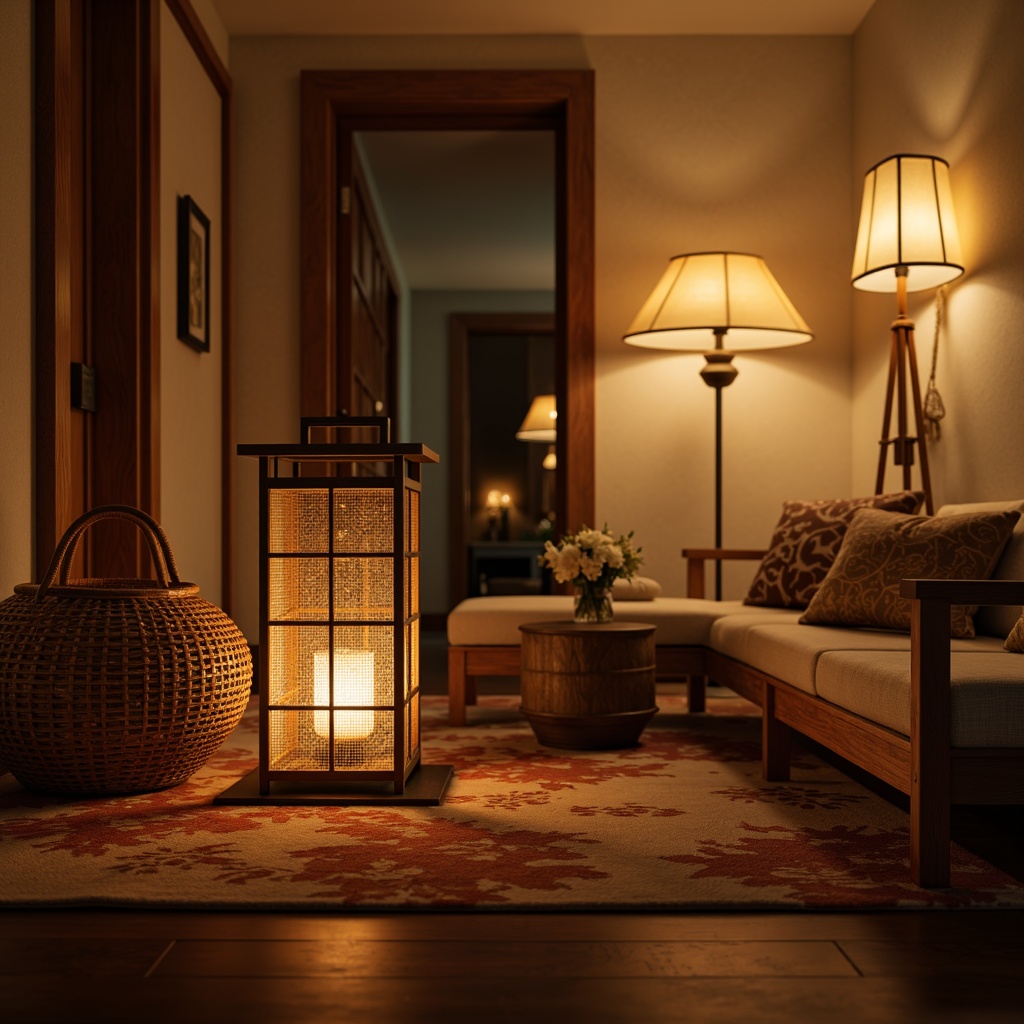 Prompt: Warm Asian-style living room, traditional lanterns, soft warm glow, rice paper shades, natural wood accents, woven bamboo furniture, subtle lighting, floor lamps, table lamps, minimalist decor, neutral color palette, beige walls, dark hardwood floors, luxurious silk fabrics, intricate oriental patterns, cozy atmosphere, ambient illumination, 1/2 composition, realistic textures, shallow depth of field.