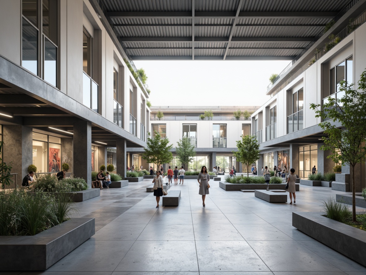 Prompt: Minimalist high school courtyard, open-air atrium, polished concrete floors, industrial metal beams, abundant natural light, sleek glass railings, modern benches, subtle greenery, educational murals, geometric patterns, monochromatic color scheme, softbox lighting, shallow depth of field, 1/1 composition, realistic textures, ambient occlusion.