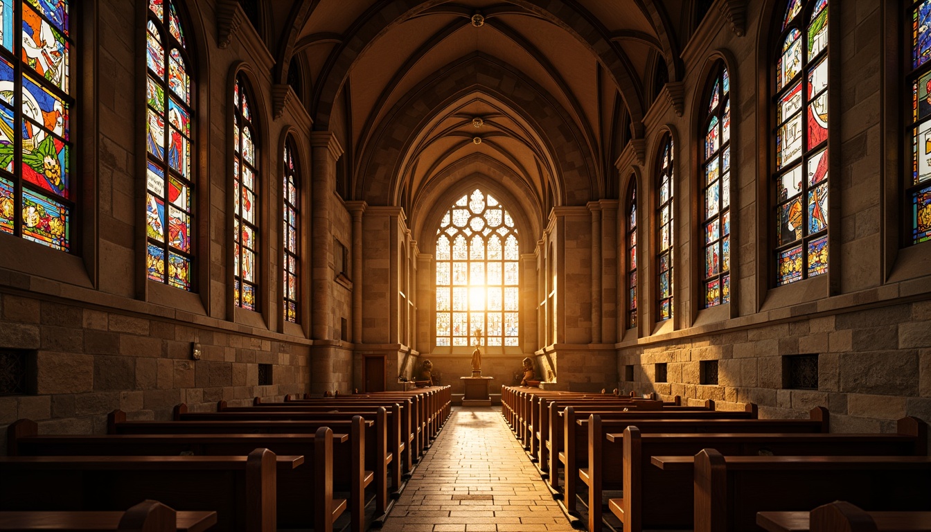 Prompt: Rustic church interior, vibrant stained glass windows, warm golden light, intricate ornate designs, colorful geometric patterns, lead framework details, spiritual ambiance, dimly lit nave, wooden pews, stone flooring, arched ceilings, gothic architecture, rich textures, detailed frescoes, soft warm lighting, shallow depth of field, 1/1 composition, realistic render.