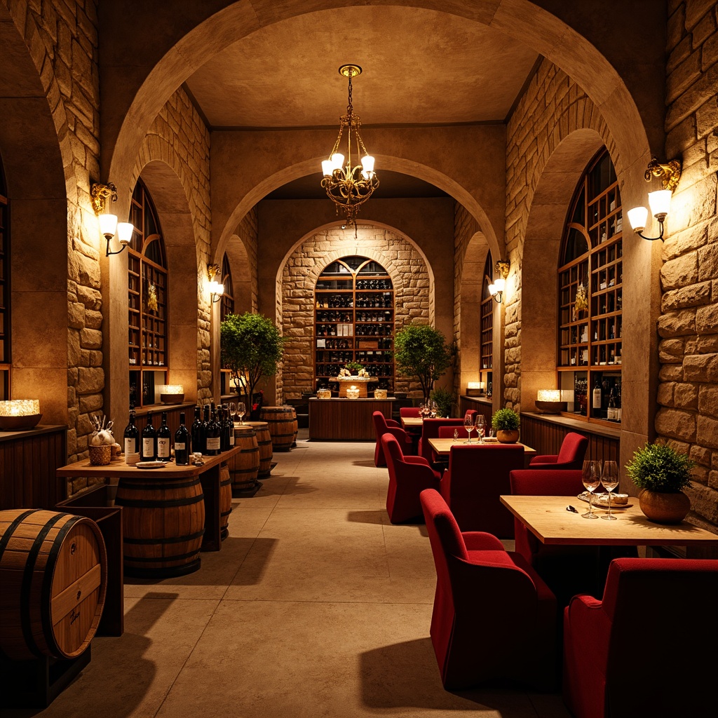 Prompt: Warm wine cellar ambiance, rustic stone walls, wooden barrel accents, dimmed warm lighting, soft candlelight, golden chandeliers, rich wood tones, earthy color palette, intimate seating areas, plush velvet furniture, ornate metalwork, ambient shadows, subtle LED lighting, cozy nooks, arched windows, natural stonework, vintage wine barrels, soft jazz music, relaxed atmosphere, warm beige colors, rustic wooden crates, elegant glassware, sophisticated wine storage systems.