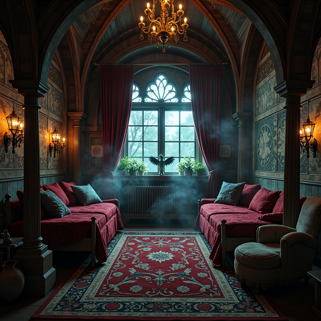 Prompt: Dark mysterious kid's room, gothic arches, ornate wooden furniture, velvet drapes, mystical creatures, eerie lanterns, spooky chandeliers, rich jewel-toned colors, deep crimson red, midnight blue, emerald green, golden accents, intricate stone carvings, mysterious foggy atmosphere, dim warm lighting, dramatic shadows, 1/2 composition, symmetrical framing, ornate textures, atmospheric misting.