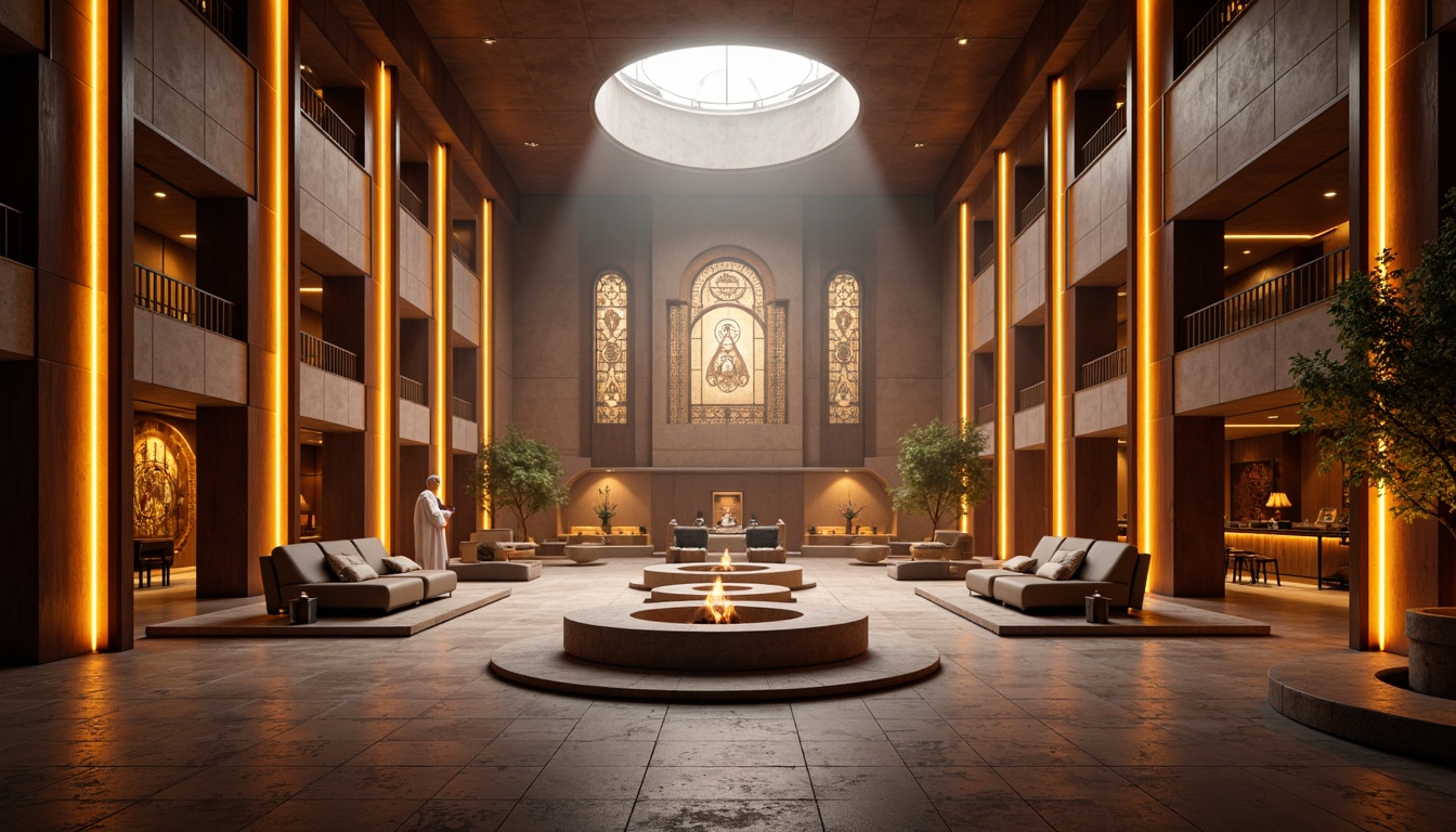 Prompt: Ethereal monastery interior, futuristic ambiance, soft warm glow, LED strip lighting, ambient Occlusion, minimalist decor, sleek metal accents, polished stone floors, vaulted ceilings, stained glass windows, spiritual symbols, intricate wooden carvings, serene atmosphere, warm color palette, subtle shading, realistic textures, 1/1 composition, shallow depth of field, warm softbox lighting.