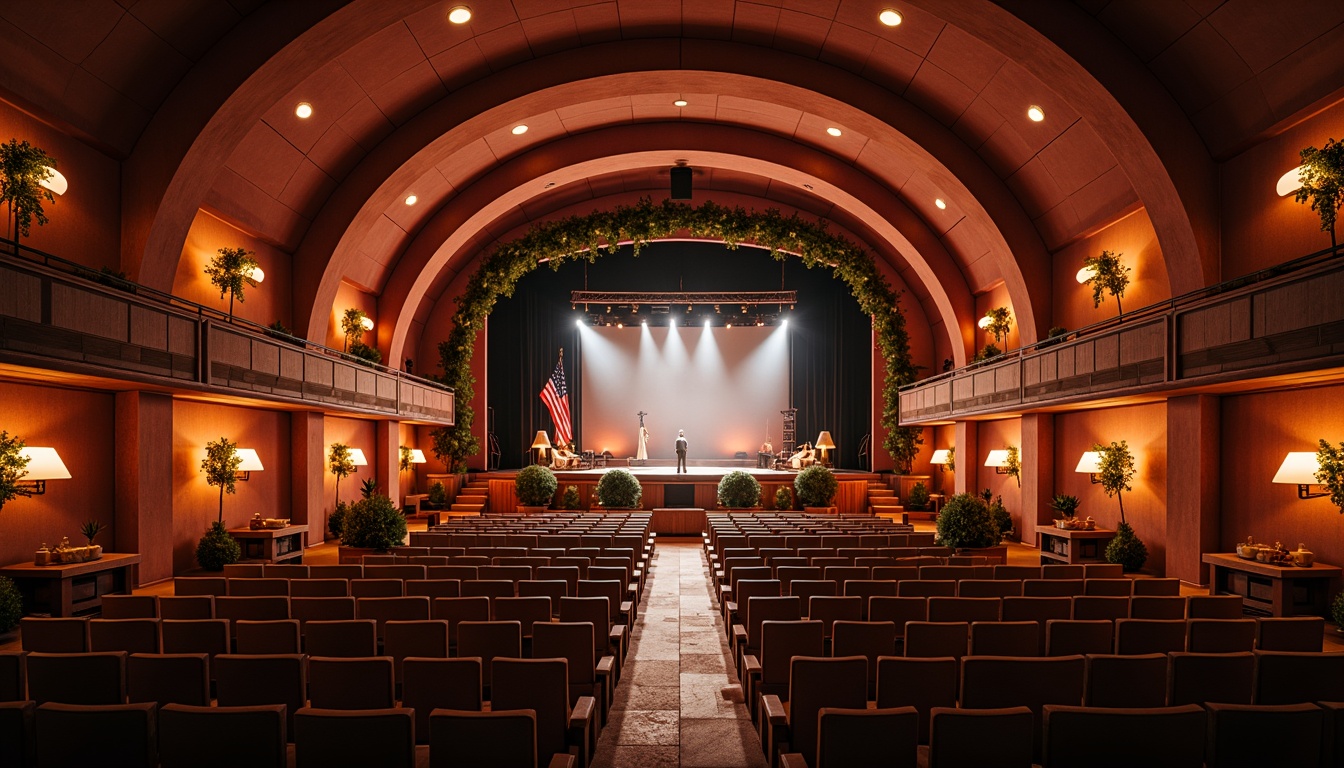 Prompt: Dramatic amphitheater interior, tiered seating, curved architecture, warm color scheme, soft ambient lighting, suspended LED lights, spotlights on stage, floor lamps, table lamps, decorative chandeliers, dimmable lighting controls, cozy atmosphere, evening ambiance, shallow depth of field, 1/1 composition, realistic textures, ambient occlusion.