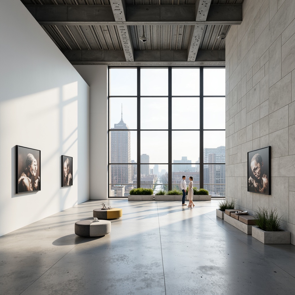 Prompt: Spacious white gallery, polished concrete floors, minimal decor, sleek metal beams, high ceilings, abundant natural light, diffused softbox lighting, neutral color palette, geometric artwork displays, modern sculptures, minimalist benches, sparse greenery, industrial chic accents, raw concrete walls, floor-to-ceiling windows, urban cityscape views, panoramic vistas, 1/1 composition, shallow depth of field, realistic textures.