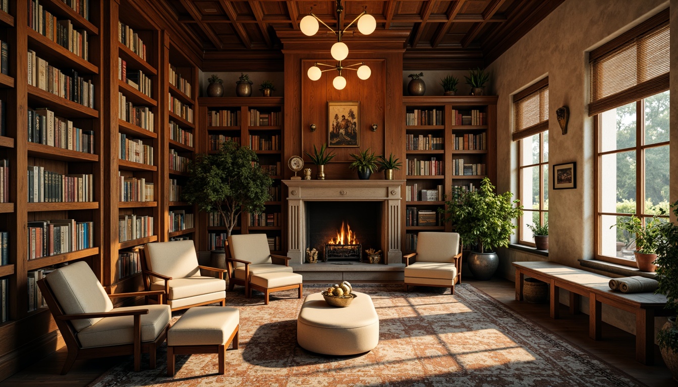 Prompt: Rich wooden shelves, vintage leather-bound books, cozy reading nooks, warm golden lighting, soft creamy colors, earthy tones, natural stone walls, comfortable plush armchairs, elegant chandeliers, subtle texture details, muted greenery, peaceful atmosphere, shallow depth of field, 1/1 composition, realistic renderings, ambient occlusion.