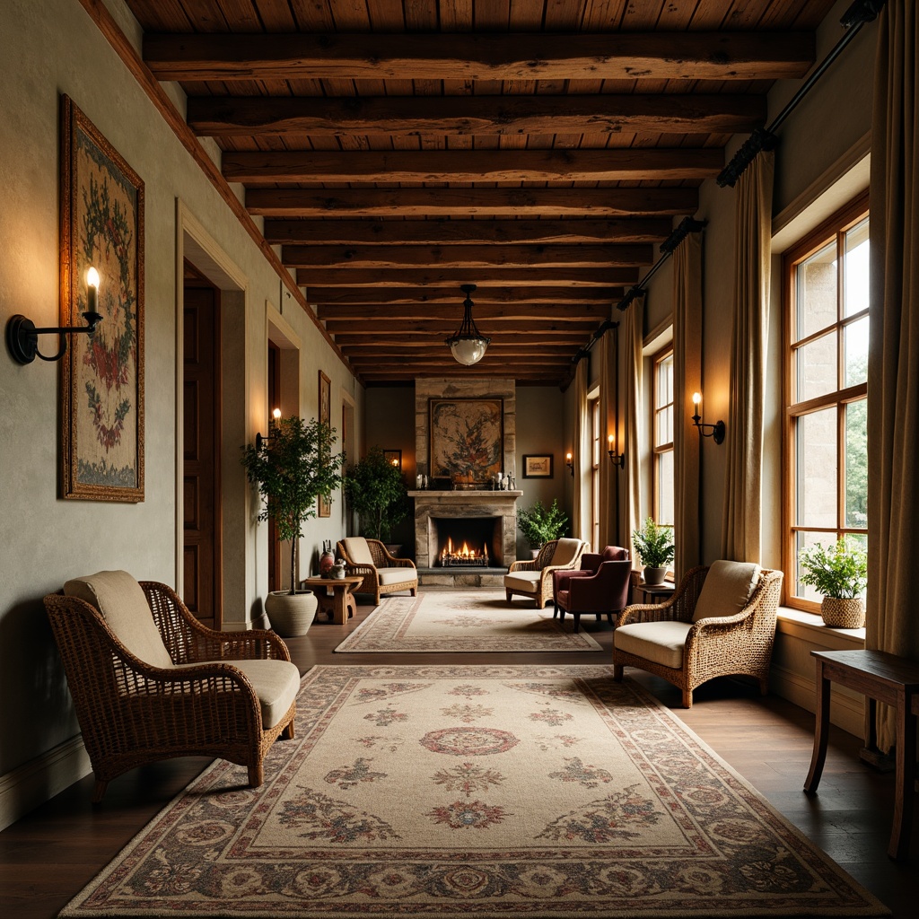 Prompt: Rustic wooden accents, earthy tone fabrics, natural woven fibers, jute rugs, linen upholstery, velvet drapes, distressed leather armchairs, woven wicker furniture, vintage tapestries, ornate metal fixtures, warm candle lighting, stone fireplace, exposed beam ceilings, traditional hall layout, symmetrical composition, harmonious color palette, soft ambient glow, cinematic shallow focus.