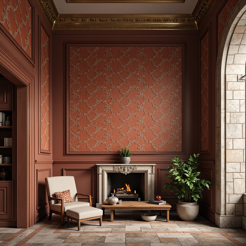 Prompt: Richly patterned wallpaper, luxurious fabric textures, natural stone walls, reclaimed wood accents, metallic sheen, smooth plaster finishes, ornate molding details, vintage distressed effects, earthy terracotta tones, soft warm lighting, shallow depth of field, 3/4 composition, realistic material rendering, ambient occlusion.