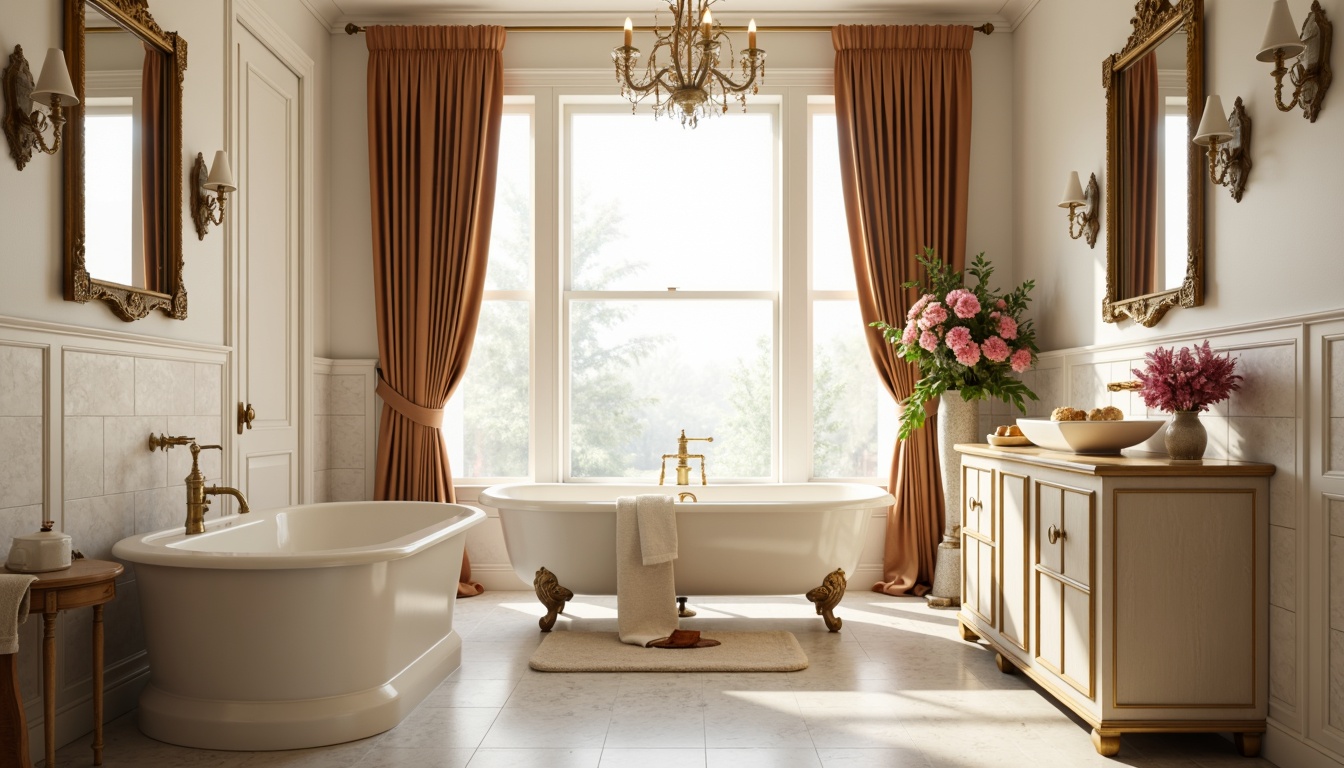 Prompt: Elegant bathroom interior, soft creamy whites, warm beige tones, rich wood accents, ornate golden fixtures, subtle marble patterns, freestanding tubs, luxurious velvet drapes, ornamental mirrors, delicate floral arrangements, natural stone floors, ambient warm lighting, shallow depth of field, 1/1 composition, realistic textures, soft focus effect.