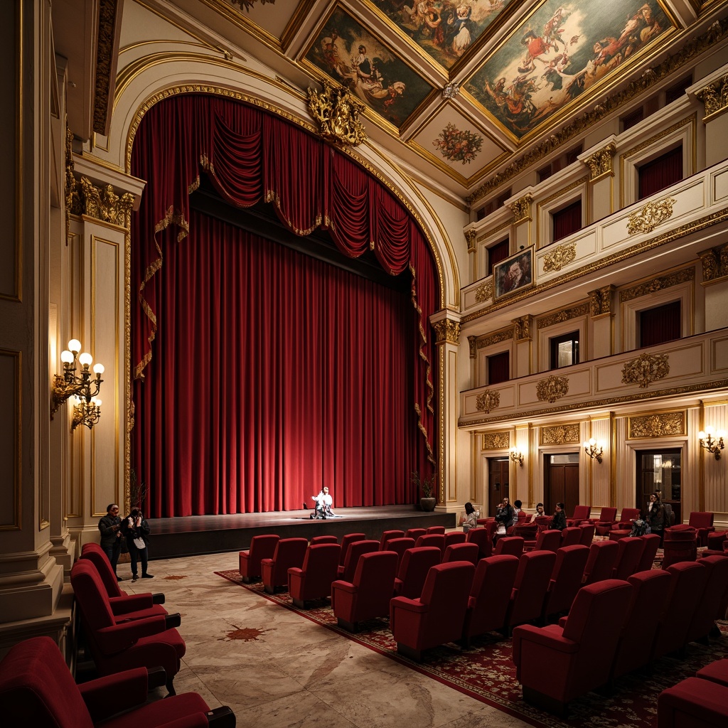 Prompt: Ornate theater interior, Neoclassicism style, rich velvet curtains, golden ornamental details, intricate moldings, polished marble floors, grandiose chandeliers, plush red seats, decorative frescoes, classical columns, archways, subtle lighting effects, dramatic spotlights, 1/2 composition, shallow depth of field, cinematic atmosphere, realistic textures, ambient occlusion.