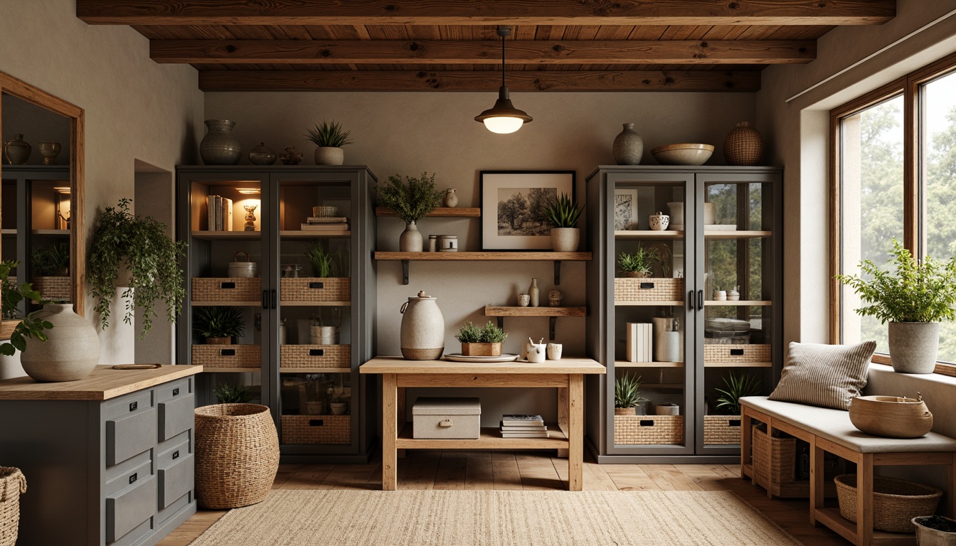 Prompt: Cozy storage room, warm wooden shelves, metal cabinets with glass doors, woven baskets, soft lighting, natural textures, minimalist decor, functional furniture, clever storage solutions, compact designs, space-saving ideas, rustic wood accents, earthy color palette, organized systems, labeled containers, industrial-chic atmosphere, vintage decorative items, distressed finishes, warm beige tones.