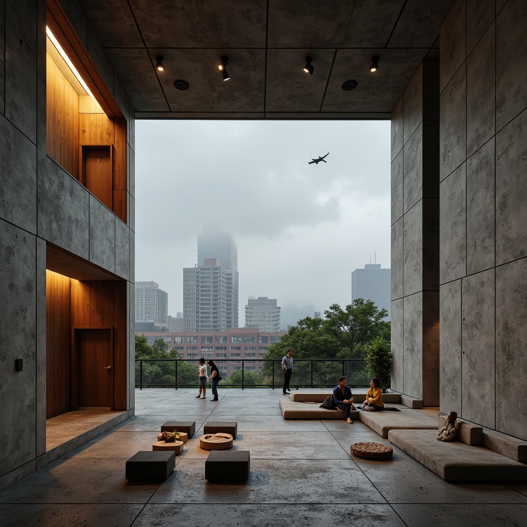 Prompt: Exposed concrete walls, raw brutalist architecture, industrial-style lighting, bold rectangular forms, rugged stone flooring, minimalist seating, dramatic high ceilings, resonant acoustic panels, diffuse sound reflections, optimized speaker placement, dynamic sound wave patterns, warm wooden accents, urban cityscape views, cloudy grey skies, harsh natural light, 1/2 composition, atmospheric misty ambiance, cinematic camera angles, gritty realistic textures.