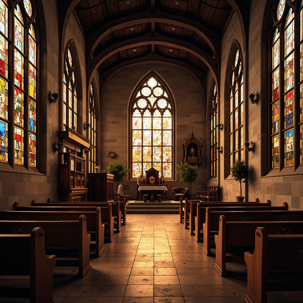 Prompt: Rustic church interior, vibrant stained glass windows, warm colorful light filtering, intricate glass patterns, Gothic architecture, stone walls, wooden pews, ornate altarpieces, sacred sculptures, dim soft lighting, realistic textures, ambient occlusion, shallow depth of field, 3/4 composition, panoramic view.