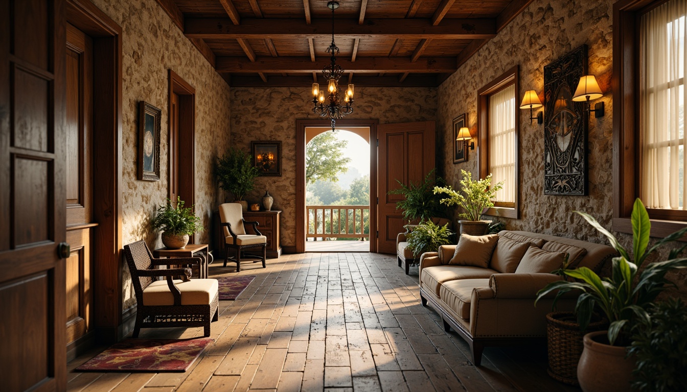 Prompt: Rustic hall interior, reclaimed wooden flooring, distressed textures, earthy color palette, vintage furniture pieces, ornate chandeliers, stonework walls, natural materials, cozy atmosphere, warm lighting, shallow depth of field, 1/1 composition, realistic wood grain, ambient occlusion, traditional architectural details, classic hallway layout, grand entranceways, symmetrical design elements.