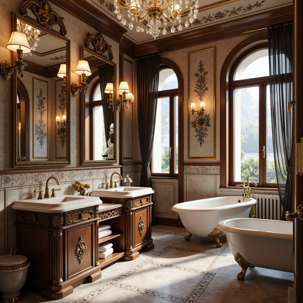 Prompt: Elegant bathroom, marble countertops, ornate mirrors, freestanding tubs, gold-plated faucets, crystal chandeliers, soft warm lighting, rich wood cabinetry, intricate carvings, antique bronze fixtures, veined stone flooring, pedestal sinks, ornamental toilet seats, luxurious textiles, floral patterns, Victorian-inspired details, shallow depth of field, 1/1 composition, realistic reflections, ambient occlusion.