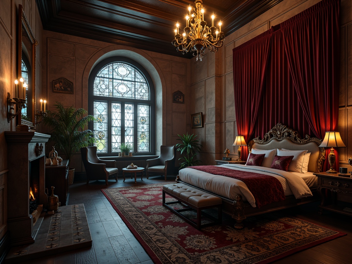 Prompt: Velvet drapes, luxurious bedding, mysterious ambiance, dark wood furniture, ornate carvings, grand chandeliers, stained glass windows, heavy tapestries, mystical symbols, eerie candlelight, dimly lit corridors, ancient stone walls, mystical artifacts, lavish furnishings, intricate patterns, rich fabrics, somber color palette, dramatic archways, imposing vaulted ceilings, mysterious alcoves, atmospheric shadows, cinematic lighting, 3/4 composition, shallow depth of field.