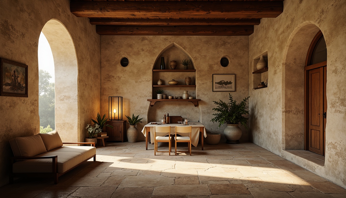 Prompt: Earth-toned monastery interior, weathered stone walls, distressed wood accents, ornate metalwork details, soft candlelit ambiance, warm beige furniture, rich brown textiles, subtle cream-colored stucco, rustic wooden beams, atmospheric misty lighting, 1/1 composition, shallow depth of field, realistic textures, ambient occlusion.