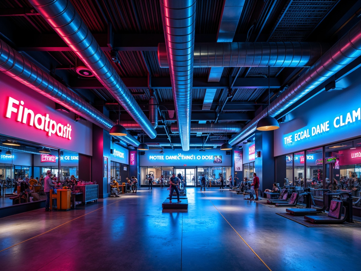 Prompt: High-ceilinged fitness club, industrial-chic interior, exposed ductwork, metallic beams, polished concrete floors, neon-lit signage, energetic color scheme, dynamic lighting fixtures, strobe lights, LED strips, dimmable spotlights, cool blue tones, motivational quotes, modern exercise equipment, mirrored walls, spacious workout areas, ambient occlusion, 1/1 composition, shallow depth of field, realistic textures.