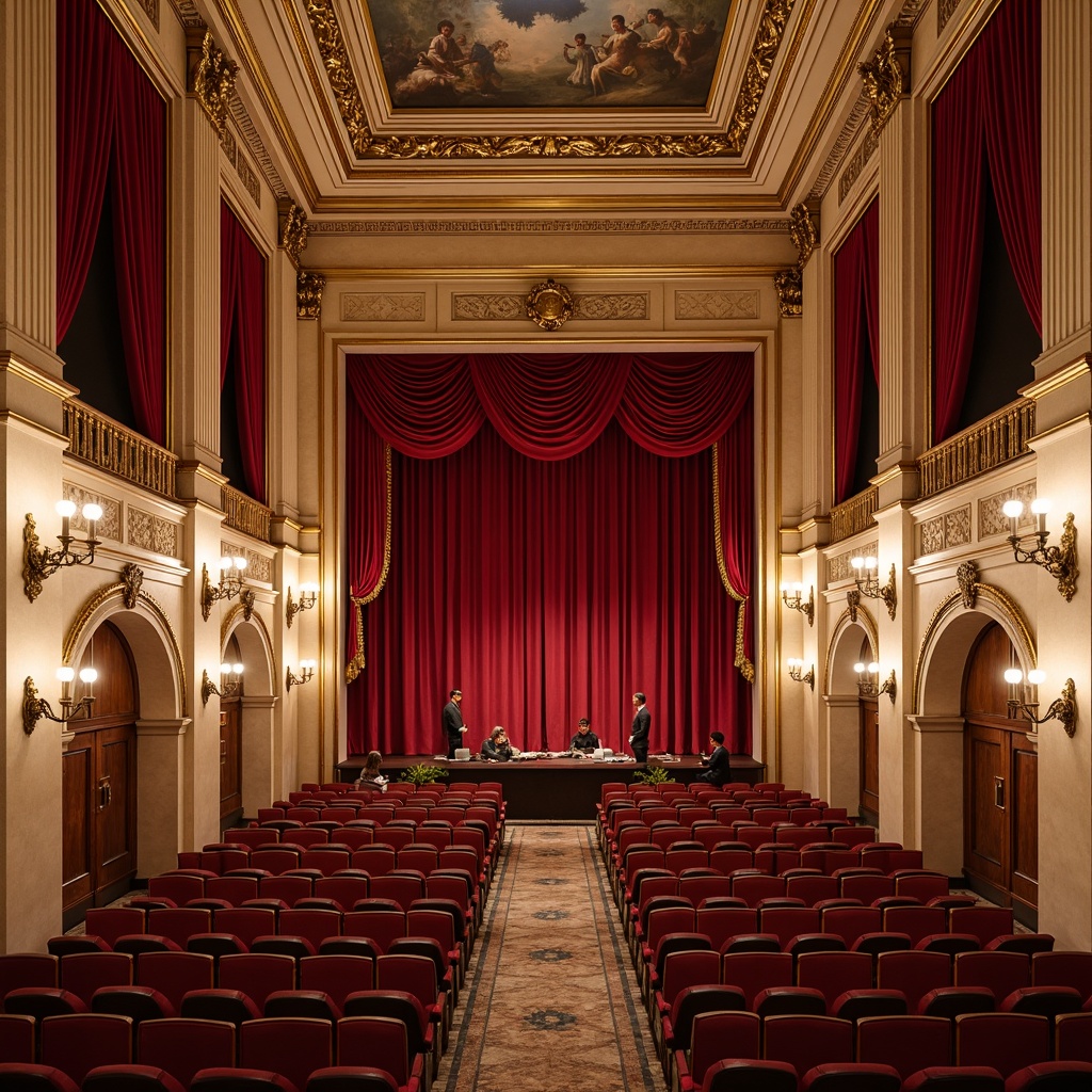 Prompt: Elegant theater interior, neoclassical style, ornate moldings, gilded accents, rich velvet drapes, golden frames, crimson red walls, creamy marble columns, intricate frescoes, ornamental plasterwork, subtle lighting, warm beige tones, luxurious fabrics, regal atmosphere, dramatic chandeliers, sweeping staircases, grand entranceways, lavish decorative trim, refined architectural details, 1/2 composition, softbox lighting, cinematic flair.