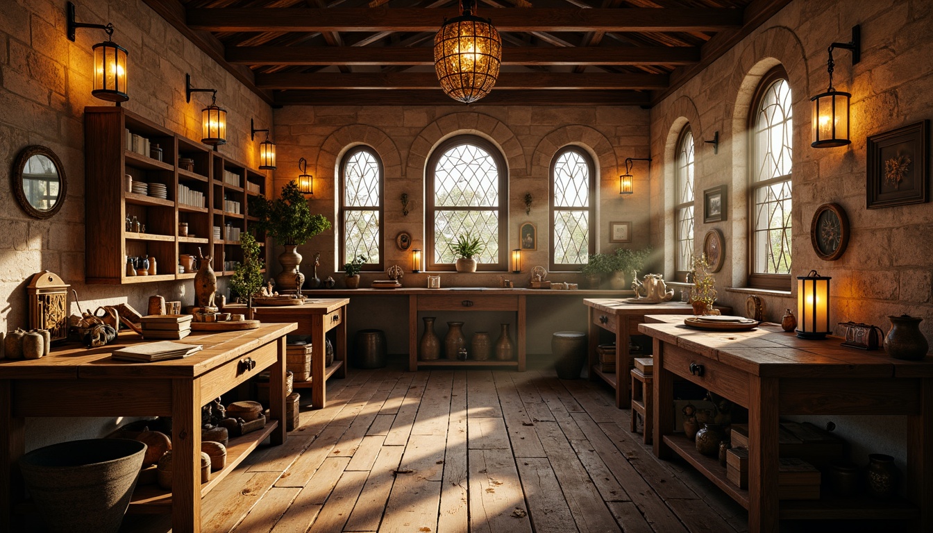 Prompt: Warm Renaissance-style craft room, wooden workbenches, rustic stone walls, ornate metal chandeliers, soft warm lighting, golden lanterns, candles, rich wood tones, leather-bound tomes, vintage crafting tools, distressed wooden floors, cozy nooks, natural light pouring through stained glass windows, subtle warm glow, shallow depth of field, 1/1 composition, realistic textures, ambient occlusion.